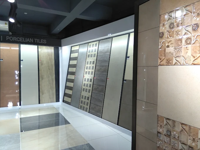 Porcelain flooring tile sheets display - Premium Building Material Gallery at Karthika Granite & Sanitaryware
